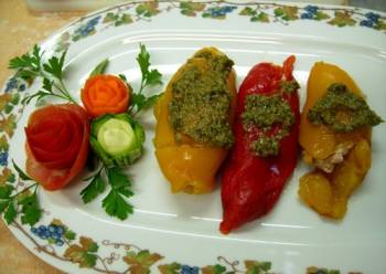 sweet peppers stuffed with tuna & herbs with tangy green sauce
